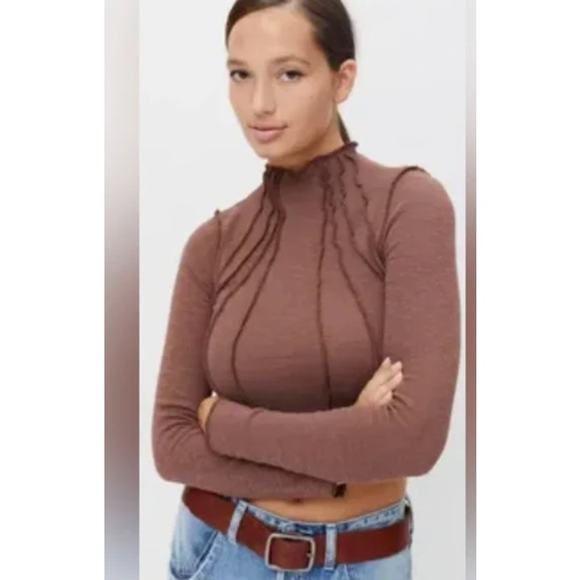 Urban Outfitters Women BDG Mock Neck Sunray Seamed‎ Pullover Crop Top Sz M Brown - Picture 1 of 5